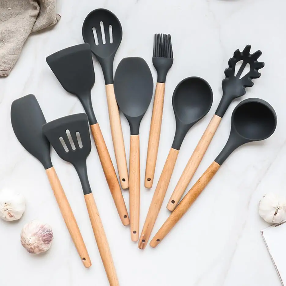 

9 PCS Kitchen Utensils set Beech Wood & Silicone Cooking Utensils set for Nonstick Cookware ,Wooden Handles Baking Tools