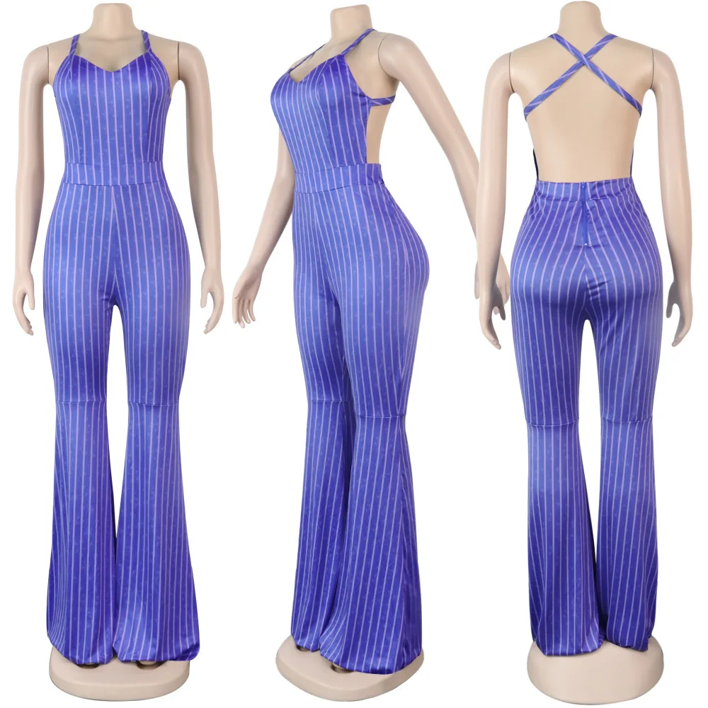 

Sexy halter jumpsuit solid color stripe slim bell-bottomed jumpsuit night club clothing new hot sale women's fashion