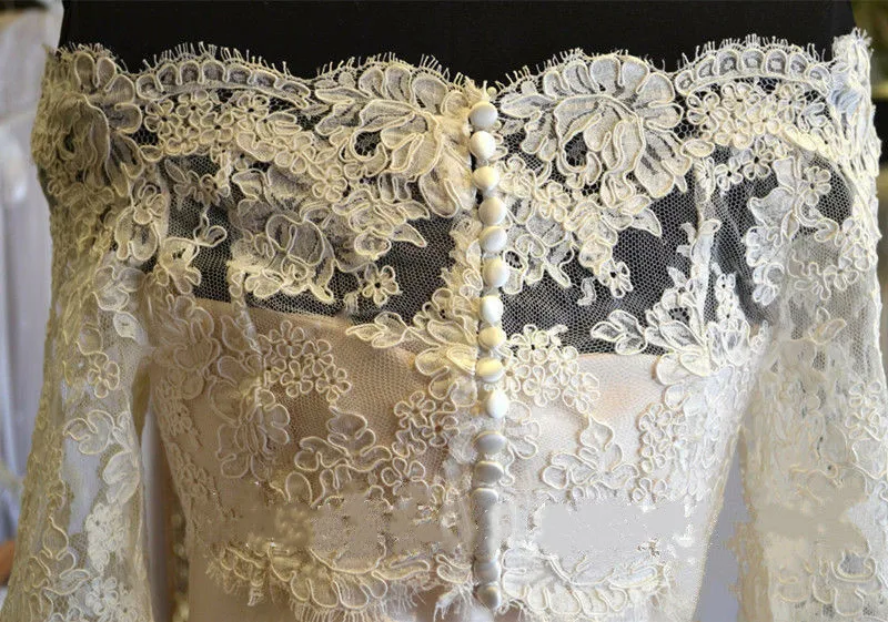 С открытыми плечами жакет болеро белого цвета/цвета слоновой кости кружевное