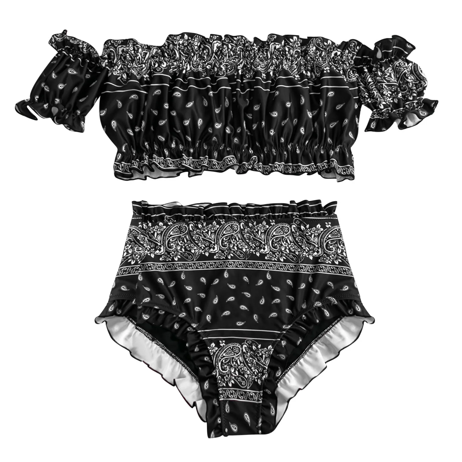 

Summer Women's New Fashion Bohemian Style Ruffled Herm Tube Top Sexy Bikini Set Two Piece Split Open Back Beach Wear Swimsuit