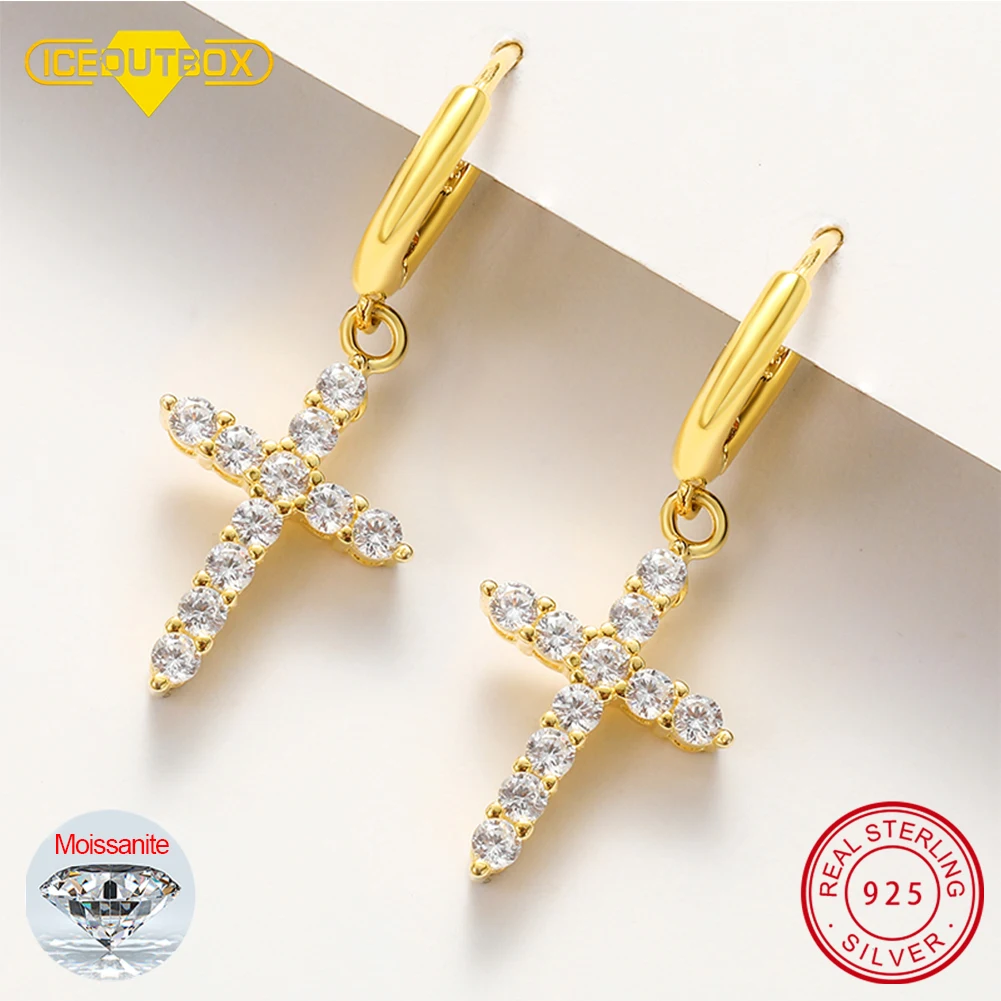 

S925 Sterling Silver Religion Women Moissanite Cross Earrings Exquisite Fine Party Jewelry Top Quality Pass Diamond Tester