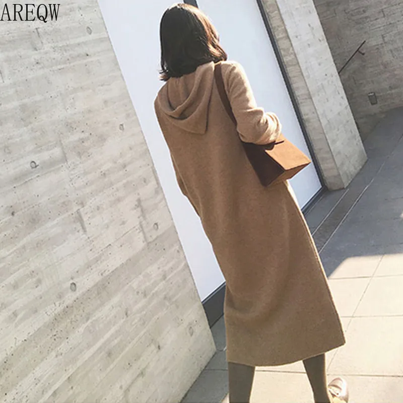 Осенне-зимнее Новое корейское Модное Длинное платье-свитер с капюшоном