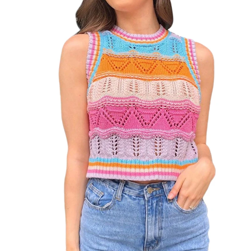 

85WB Women Girls Rainbow Striped Knitted Sleeveless Vest Harajuku Hollow Out Crochet Jumper Crop Top Casual Slim Fit Sweater