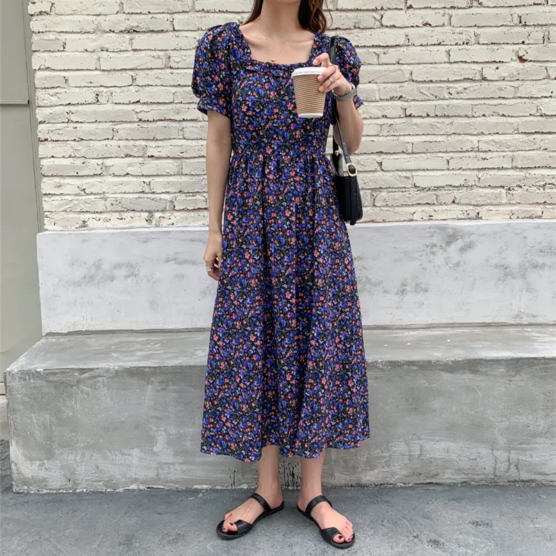 Женское платье с коротким рукавом Hzirip длинное квадратным вырезом и цветочным