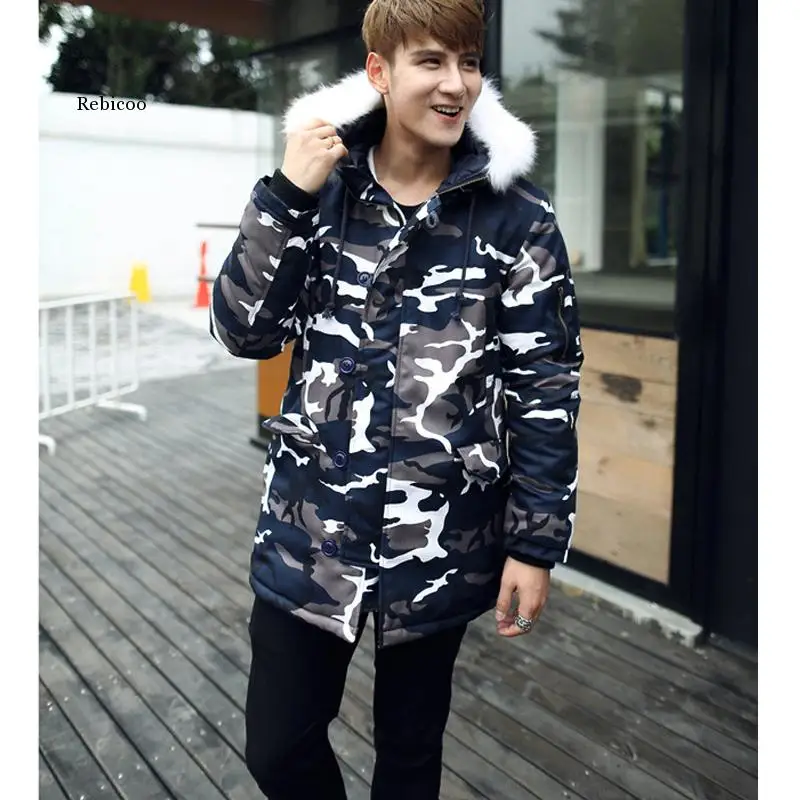 

Мужская Зимняя парка теплые Камуфляжные пальто повседневный толстый меховой воротник куртка с капюшоном, Мужская парка, верхняя одежда