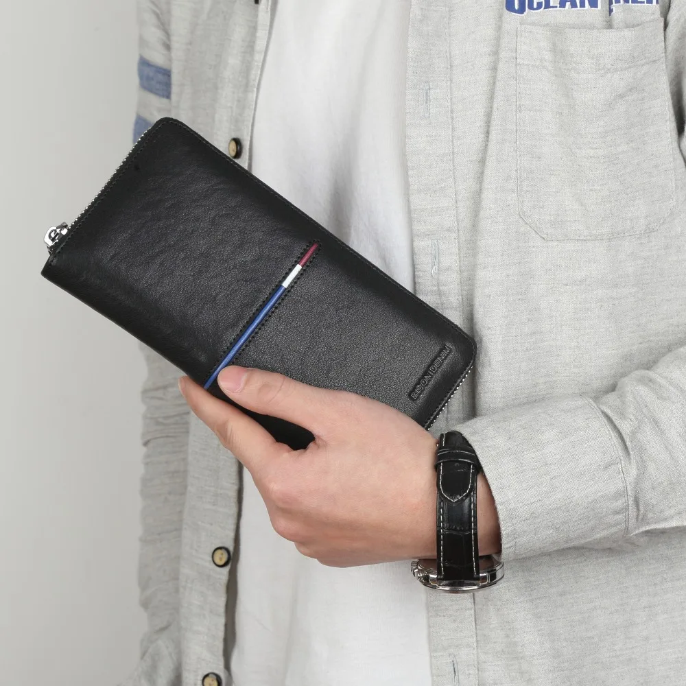 BISON DEINIM luxury brand men wallets genuine leather long zipper clutch wallet male card holder phone purse