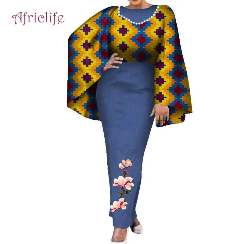 Spring Autumn Party Dress Women Bazin Long African Wax Cotton Dress Belling Sleeve Long Sleeve One Pcs Female Dresses WY7579