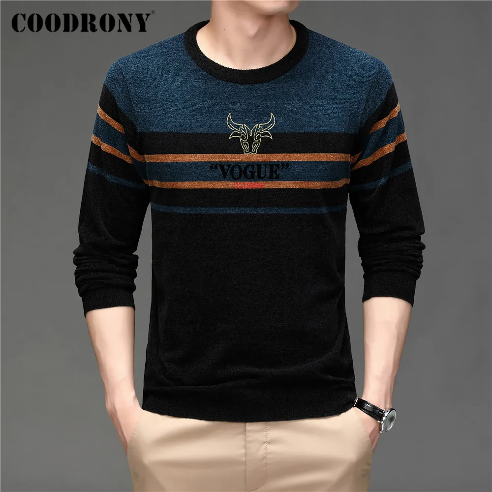 COODRONY Brand Autumn Winter Sweater Streetwear Fashion Striped O-Neck Jersey Knitted Soft Warm Chenille Wool Pullover Men C1355 | Мужская