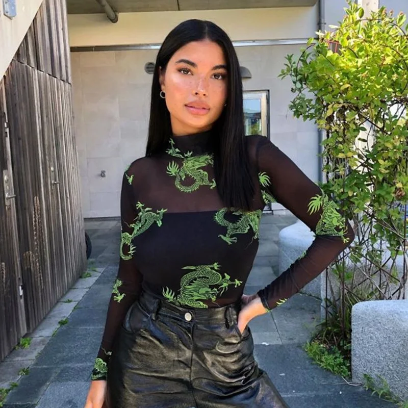 

Женский сетчатый комбинезон с круглым вырезом, длинным рукавом и принтом