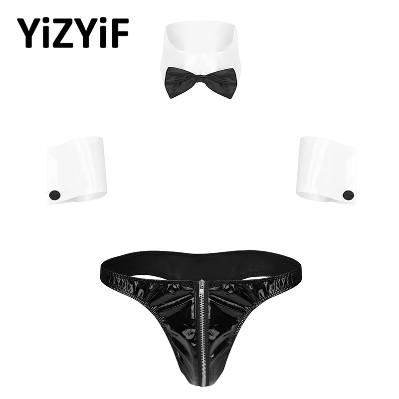 

3Pcs Men Underwear Set Cosplay Costume Low Rise Front Zipper Patent Leather Patchwork Briefs Underwear With Collar And Cuffs Set
