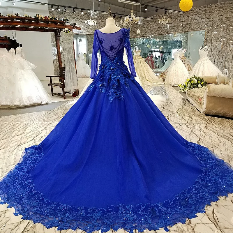 LS3111 синие кружева 3d цветы вечернее платье длинный рукав o образным вырезом назад a