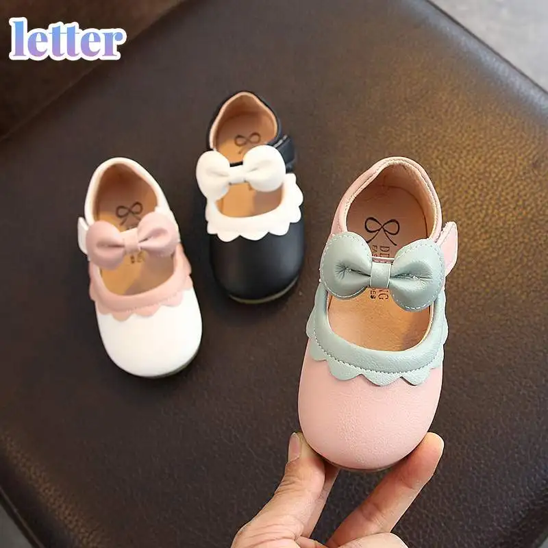 

girls shoes PU leather black mary jane with flowers white bow children shoes good quality solid little kids princess shoes