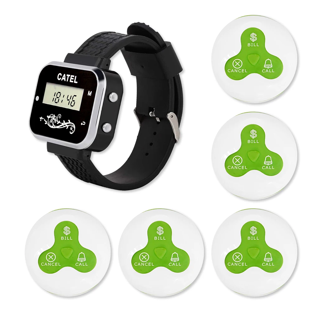 CATEL 5 Button 1 Watch Receiver Waterproof Wireless Calling System Call Button Pager for Restaurant Waiter Service Bell Buzzer