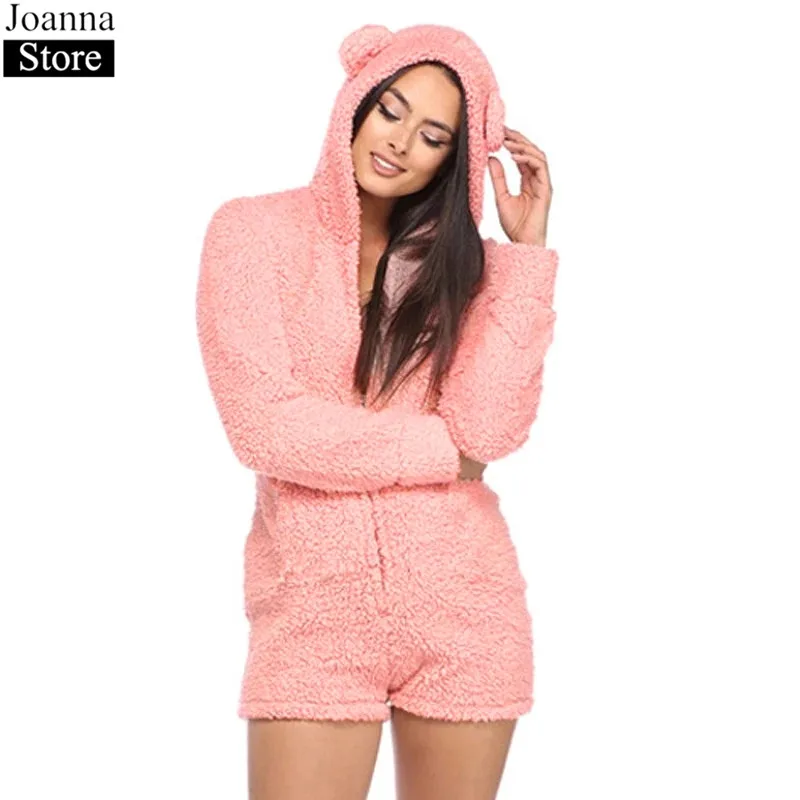 

Autumn Winter New Women Hooded Cute Plush Ears One-Piece Home Service Long Sleeve Furry Jumpsuits Female Plus Size Teddy Clothes