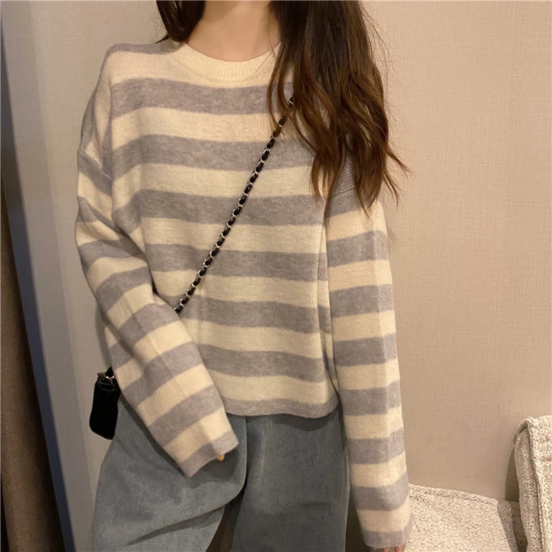 

Pullover Striped Women's Sweater Knitted Korean Long Sleeve O-Neck Sweaters Loose Lazy Style Harajuku Casual Sweet Kawaii Top