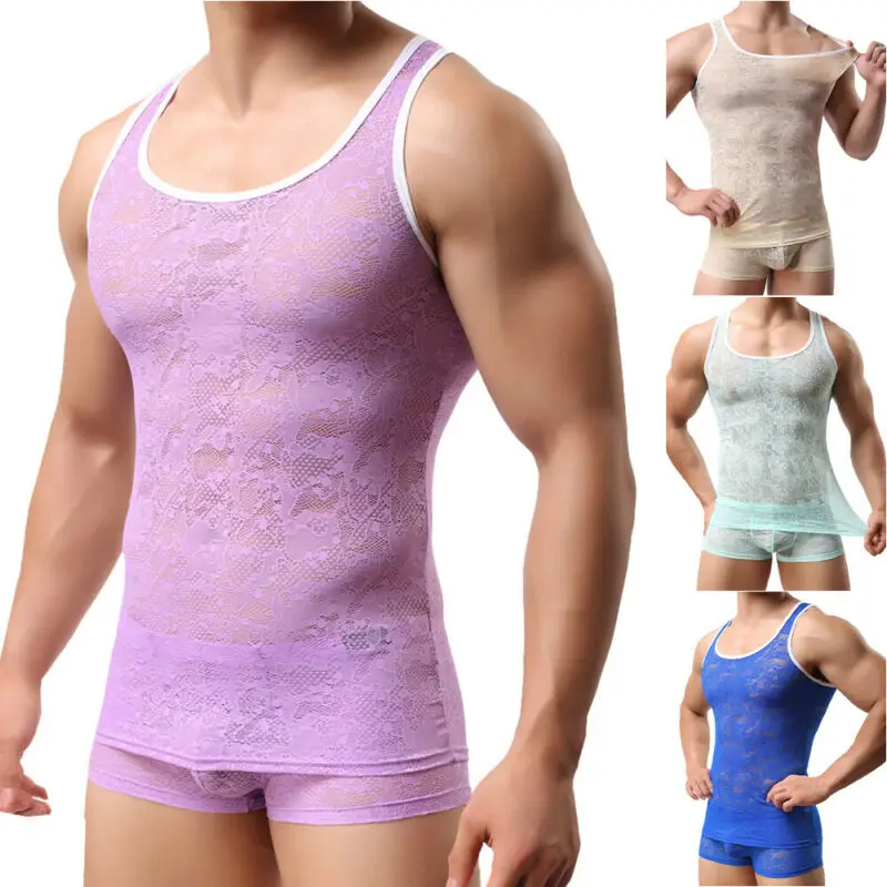 

Men Sexy Lace Sheer See Through Sleeveless Vest Tops Nightwear Summer Underwear