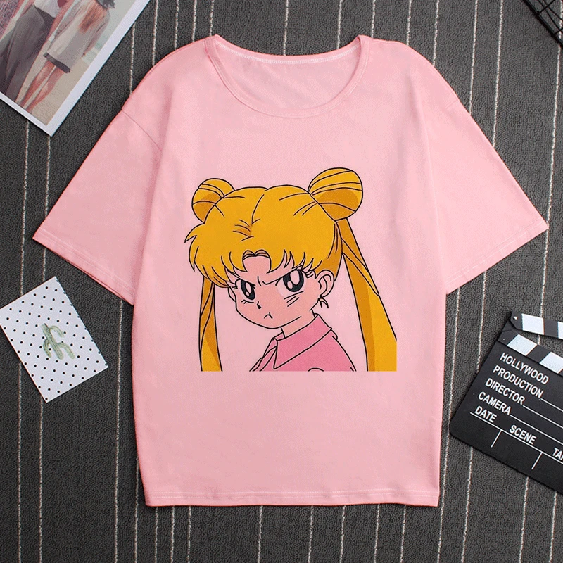 2727 Sailor Moon 90s Funny Pink T Shirt Harajuku Clothes Tshirt Aesthetic Cat Anime Vogue T-shirt Kawaii Graphic Tees Ullzang Women - Цвет: 2727