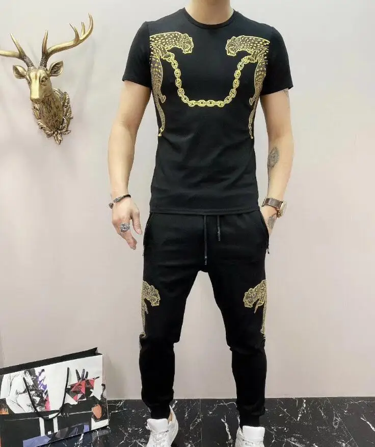 Men's new printing hot drilling short sleeve suit tiger top two-piece set round neck slim fit tracksuit