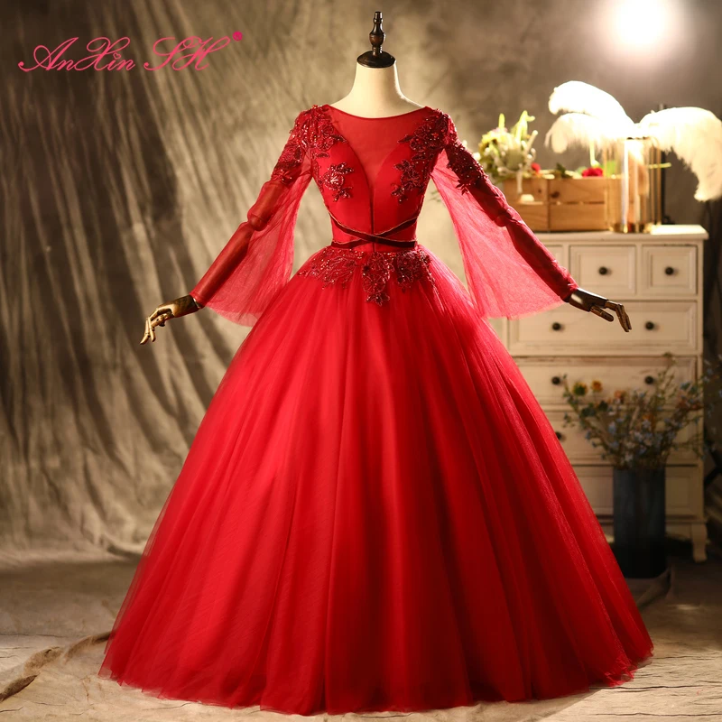 

Винтажное красное кружевное вечернее платье принцессы AnXin SH с круглым вырезом, бисером, кристаллами, жемчугом, иллюзией, длинным Расклешенн...