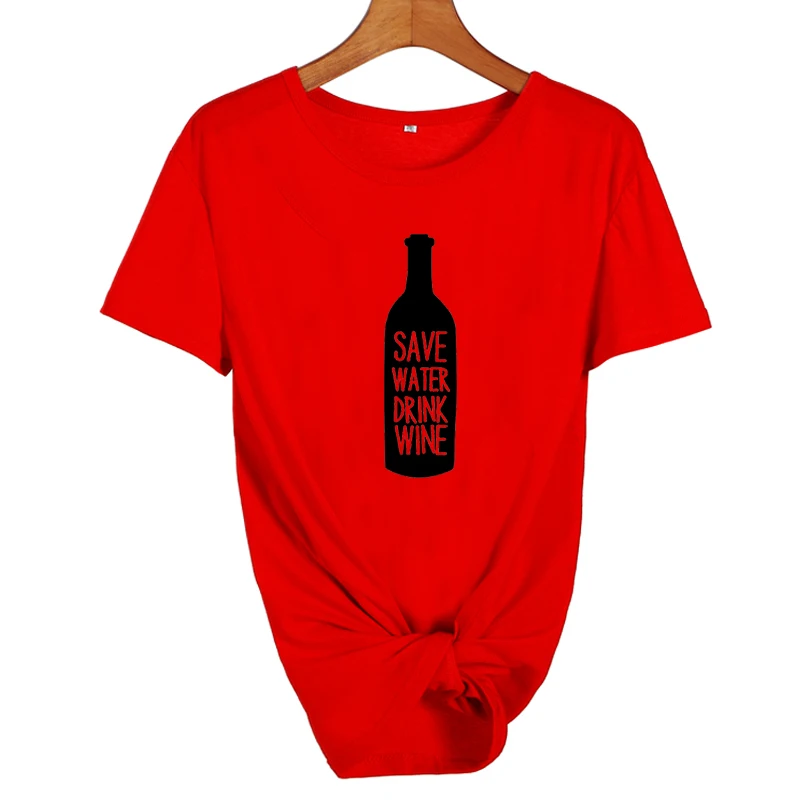 Забавная футболка с надписью «Save Water Drink Wine» и надписью «Wine Lovers», женские готические вечерние футболки в стиле Харадзюку, женская одежда, модные футболки - Цвет: red-black