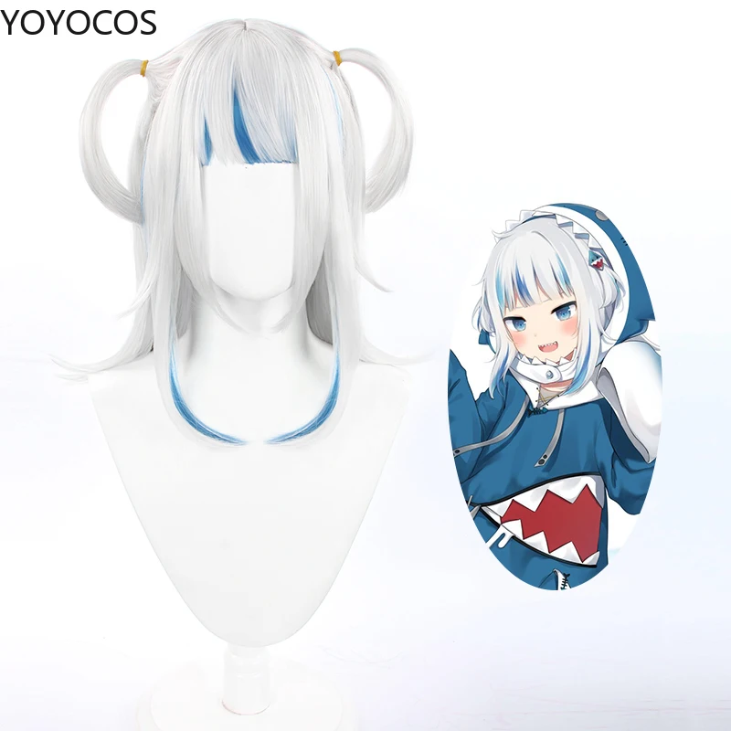 

Hololive English Gawr Gura Cosplay Wig Silver White Highlighting Blue Wig Party Halloween Heat Resistant Synthetic Hair+Hairnet