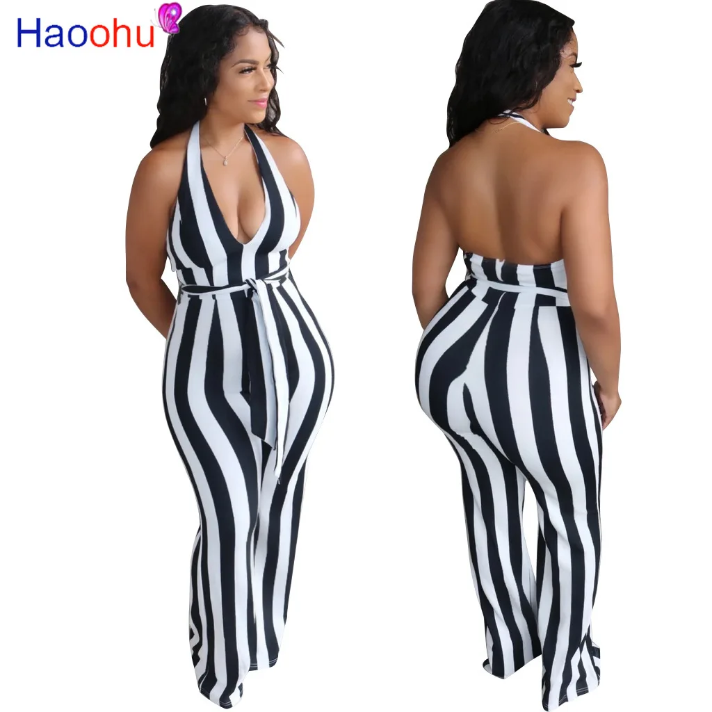 

HAOOHU Striped Halter V-neck Open Back Women Jumpsuits Rompers Drape Sexy Night Club Party Elegant One Piece Outfits Playsuit