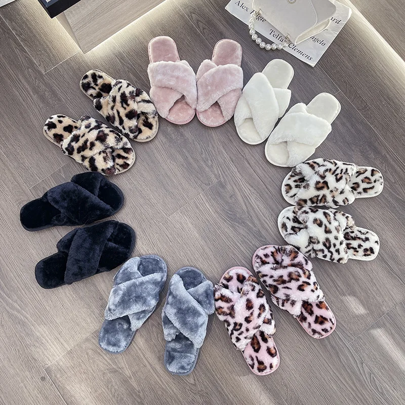 Autumn and Winter Cross Plush Slippers Women's Shoes Large Size Outdoor Women Cotton Fluffy Slippers Comfort Woman Floor Shoes