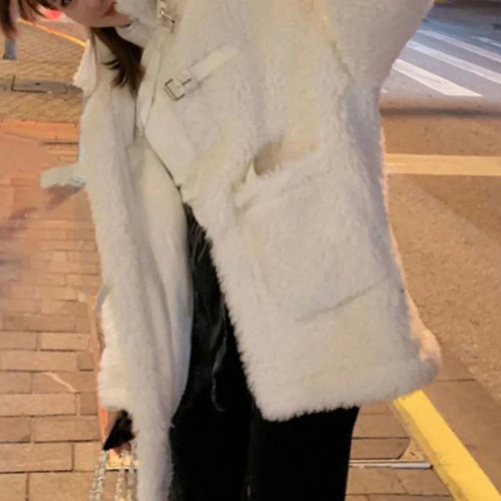 

Women Jacket Winter New Solid Long Sleeve Patchwork Single-breasted Lapel Elegant Fashion Thicken Casual Mid-length Loose Tops