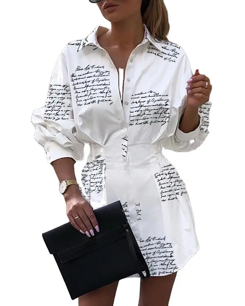 

QNPQYX Women's Spring Autumn Letter Printed Shirts Long Sleeve Ladies Shirt Single Breasted Female Clothes Women Shirts Blouses