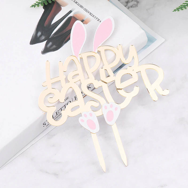 

1PCS Gold Mirror Arcylic Happy Easter Cake Topper Cute Bunny Rabbit Cake Insert Card Flag Easter Party Decoration Dessert Decor