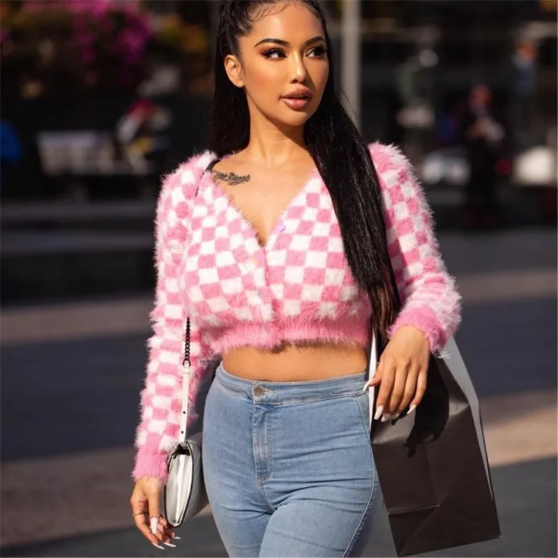 

Spring Newly Pink Grid Short Women Mink Cashmere V-neck Cardigans 2020 Fashion Slim Ladies Knitted Soft Sweater Long Sleeve