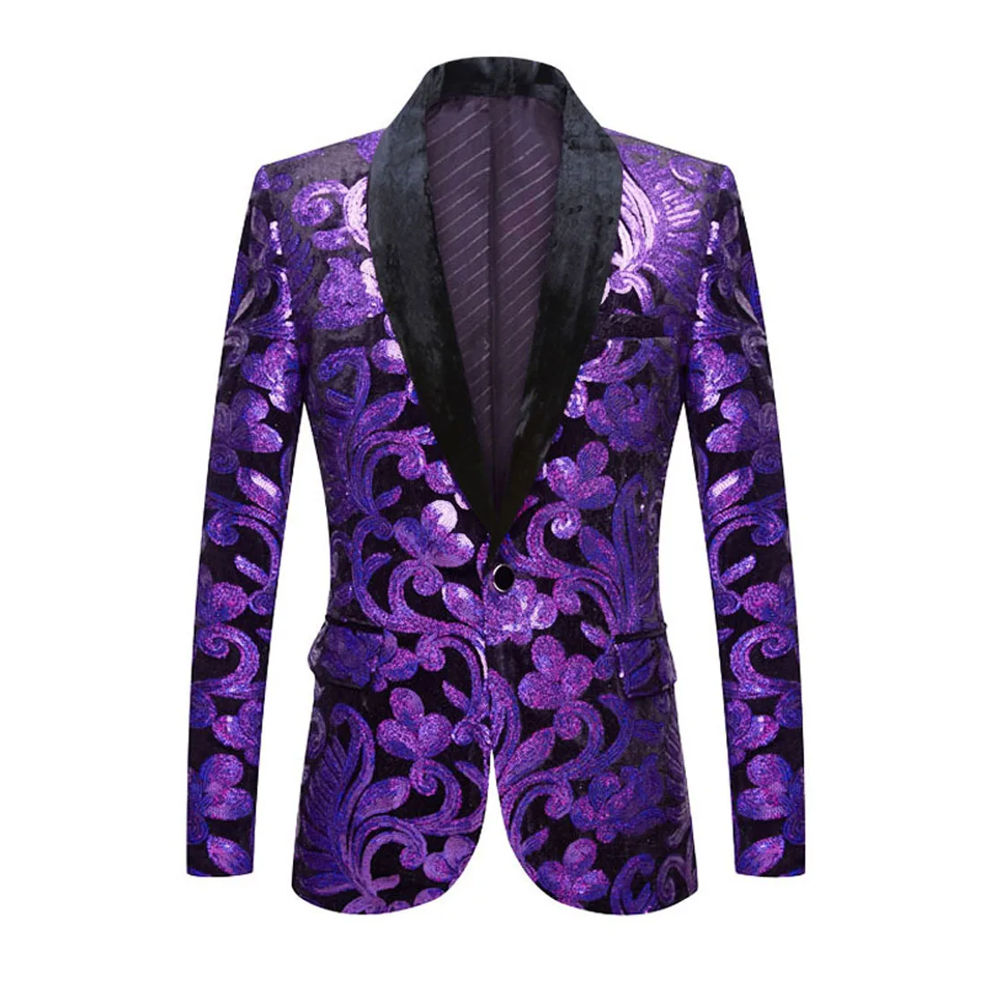 

Fashion Shawl Lapel Slim Fit Blazer Men Velvet Flower Sequins Pattern Suit Jacket Blazer Party DJ Club Stage Singer Men Clothing