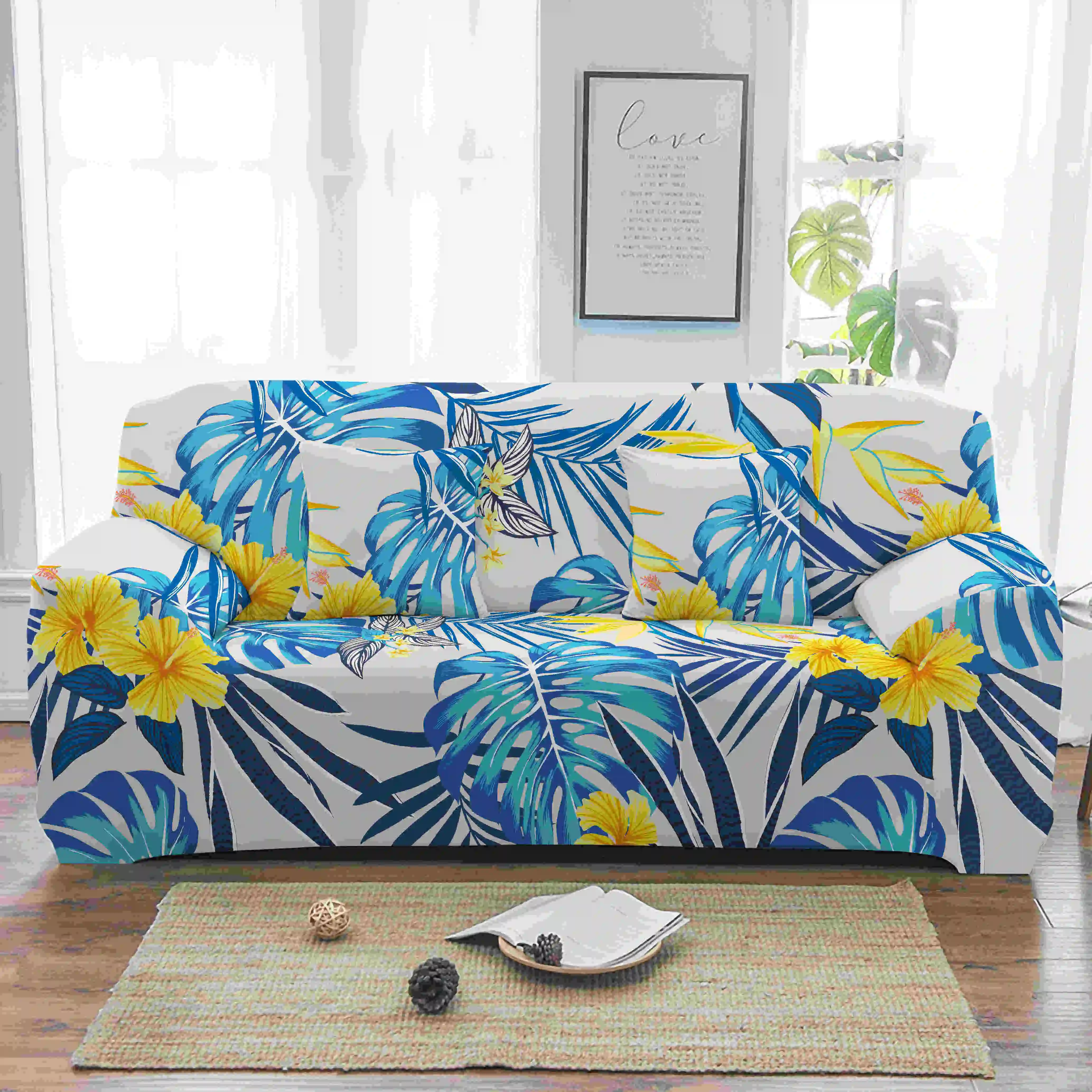 Homesky Tropical Leaves Elastic Sofa Cover for Living Room Flower Slipcover Stretch Armchair 1/2/3/4-seater | Дом и сад