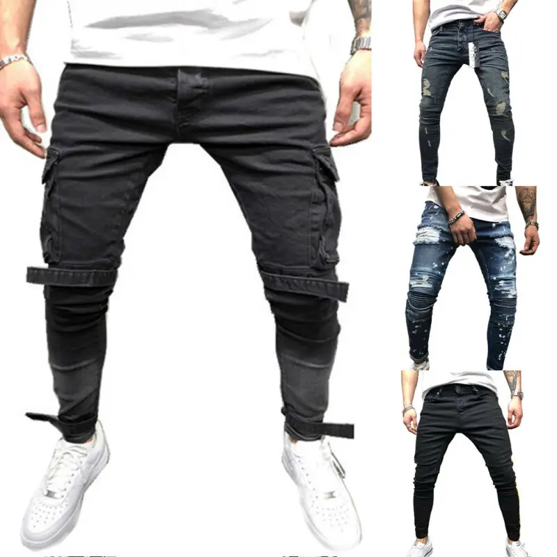 

Skinny Jeans Men Slim Fit Ripped Jeans Big Pocket Casual Pants Distressed Trousers Men Skinny Jeans 2021