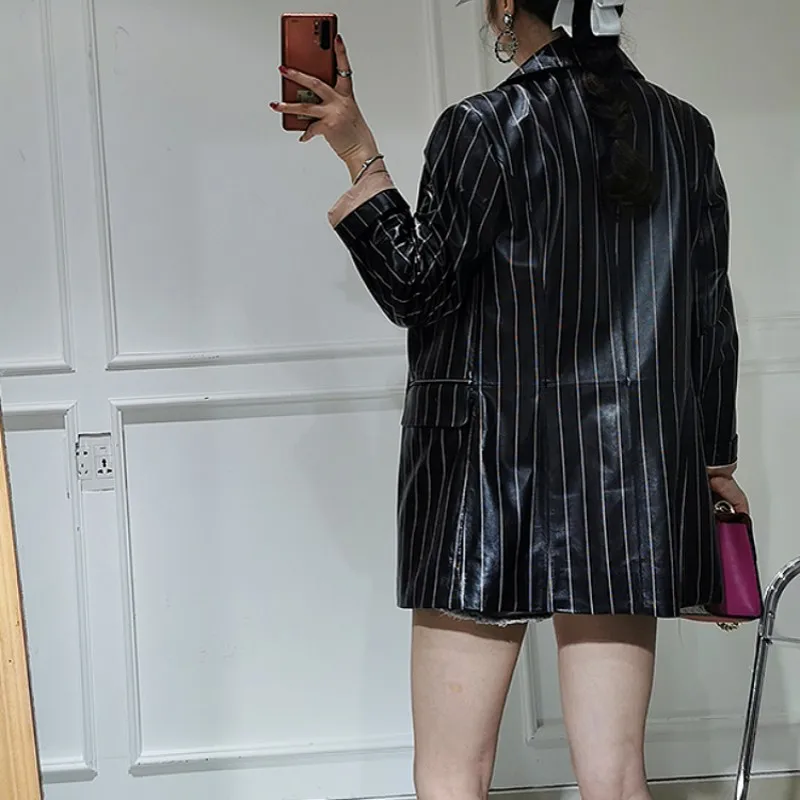 

Office Ladies Real Sheepskin Blazer Coat Loose Fit Women Fashion Striped Genuine Leather Jacket Autumn Boyfriend Style Suit Tops