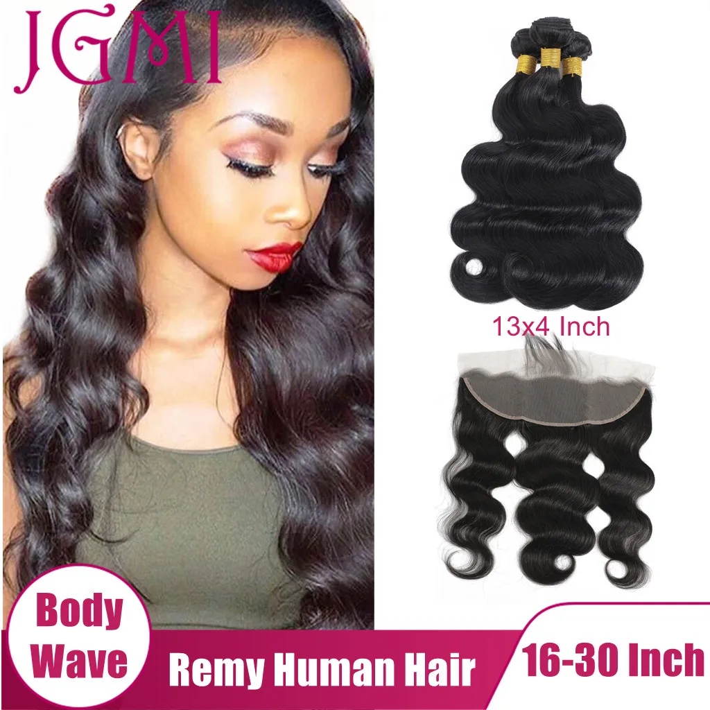 

JGMI Body Wave Remy Brazilian Human Hair Bundles With 13x4 Swiss Lace Frontal 4x4 Closure for Black Women Extension Front