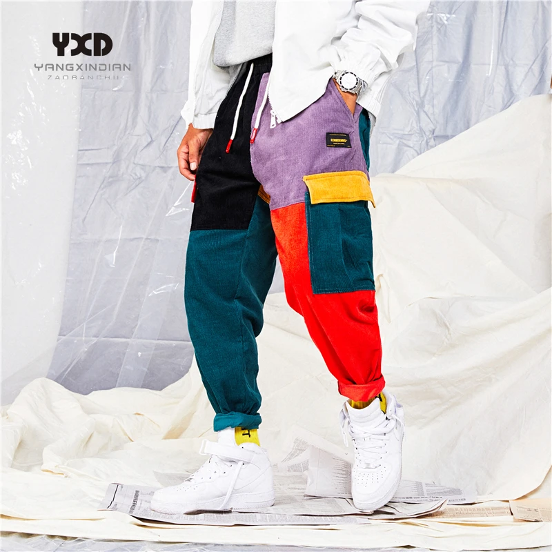 

New fashion men's multi-pocket casual overalls men loose high quality color block patchwork corduroy harem pants man trousers