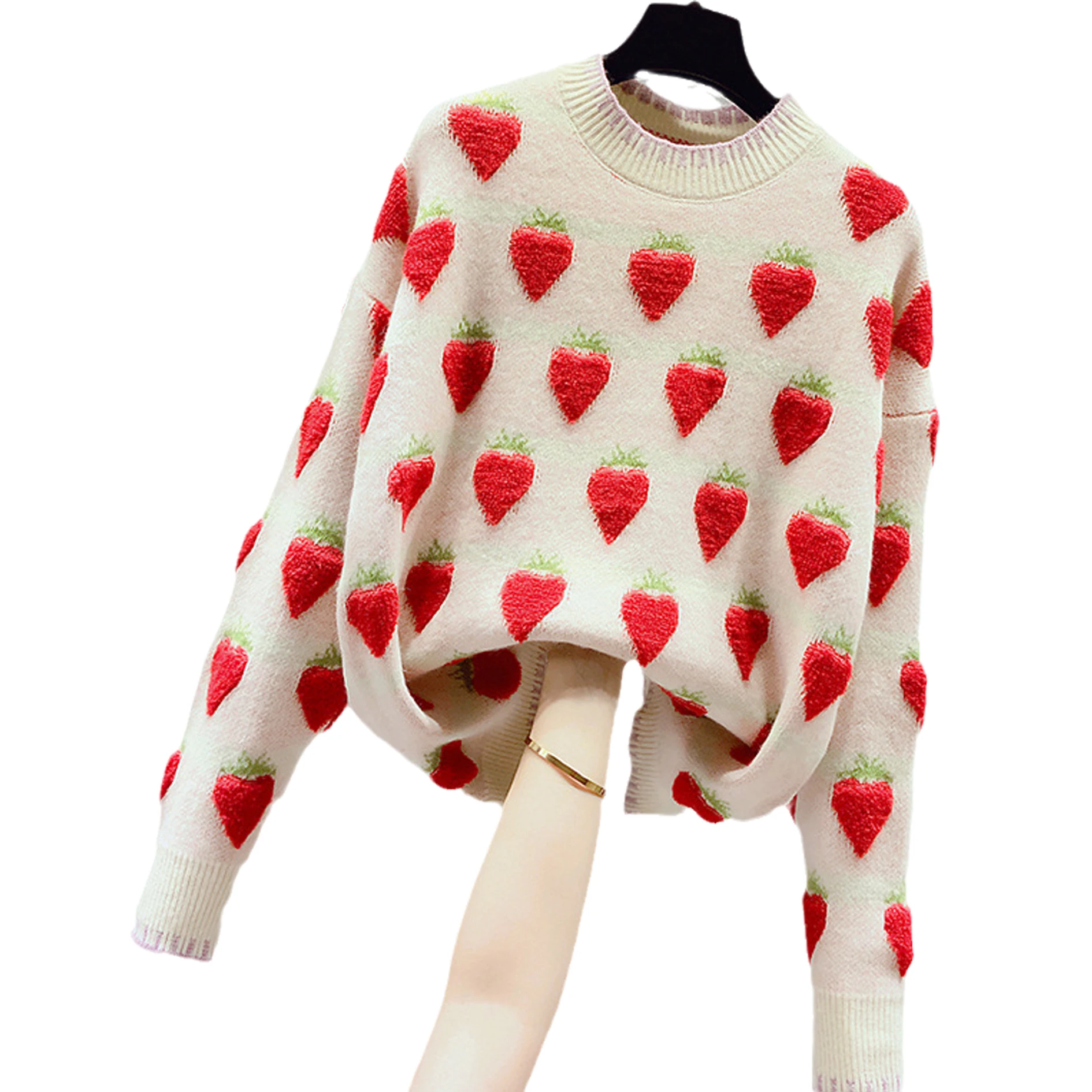 

Breathable Girls Long Sleeve Knitwear, Autumn Winter Ladies Strawberry Embroidery Round Collar Loose Knitted Tops Casual Sweater