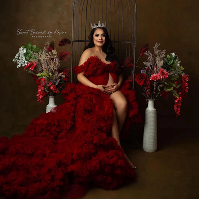 

Grogeous Fluffy Tulle Maternity Dress With Train Off The Shoulder Burgundy Bridal Gowns To Photography Luxury Lush Baby Shower