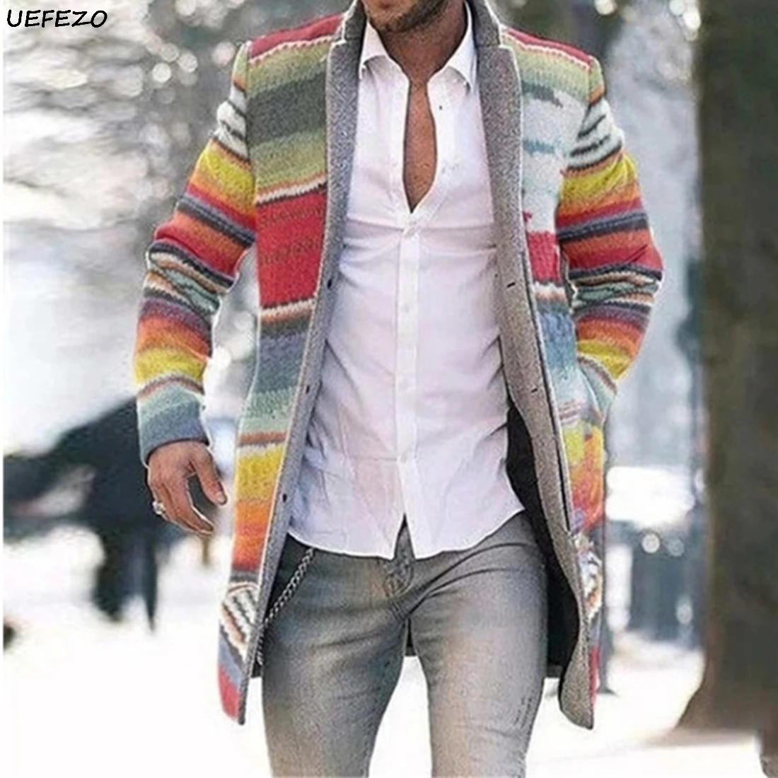 Мужское пальто UEFEZO из смешанной шерсти осенне-зимний полосатый Тренч кардиган