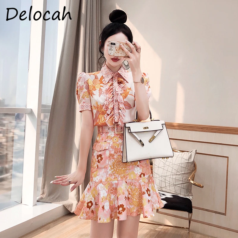 

Delocah/Новинка 2021, летний женский модный подиумный комплект юбок с рукавами-фонариками и оборками + юбки с высокой талией и принтом русалки, ко...