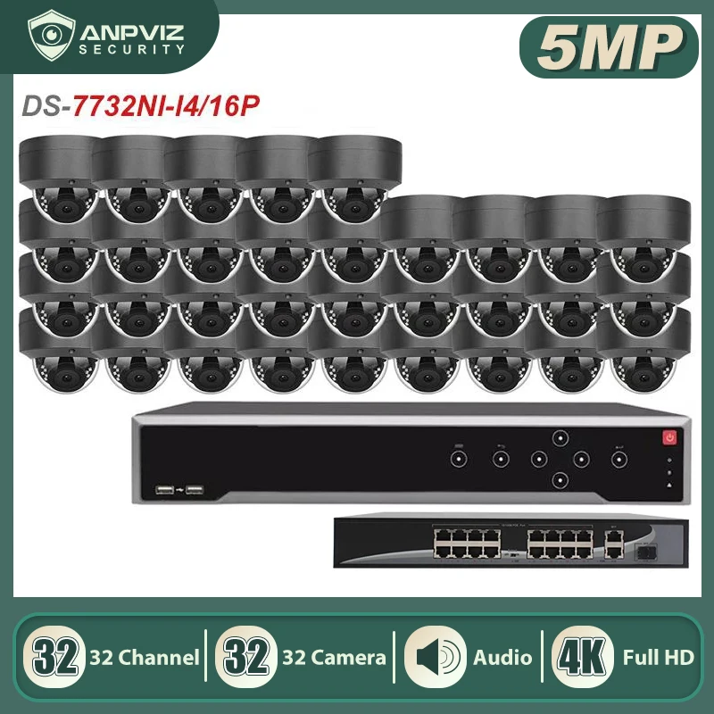 

Hikvision 32CH 4K OEM NVR Kit Anpviz 32pcs 5MP POE IP Camera System Indoor/Outdoor IP Camera CCTV Security System Kit 30m IP66