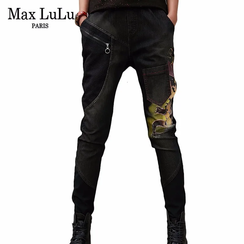 Max LuLu, весенние Модные Винтажные эластичные штаны-шаровары для девочек, корейские женские черные обтягивающие джинсы, рваные женские джинсовые брюки с 3d принтом