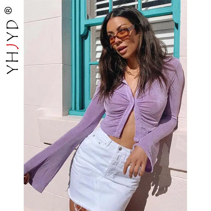 

YHJYD Casual Sexy Solid Knitted Shirts Fall 2021 Womens Fashion Ruched Long Sleeve Crop Tops Y2k Elegant Blouses
