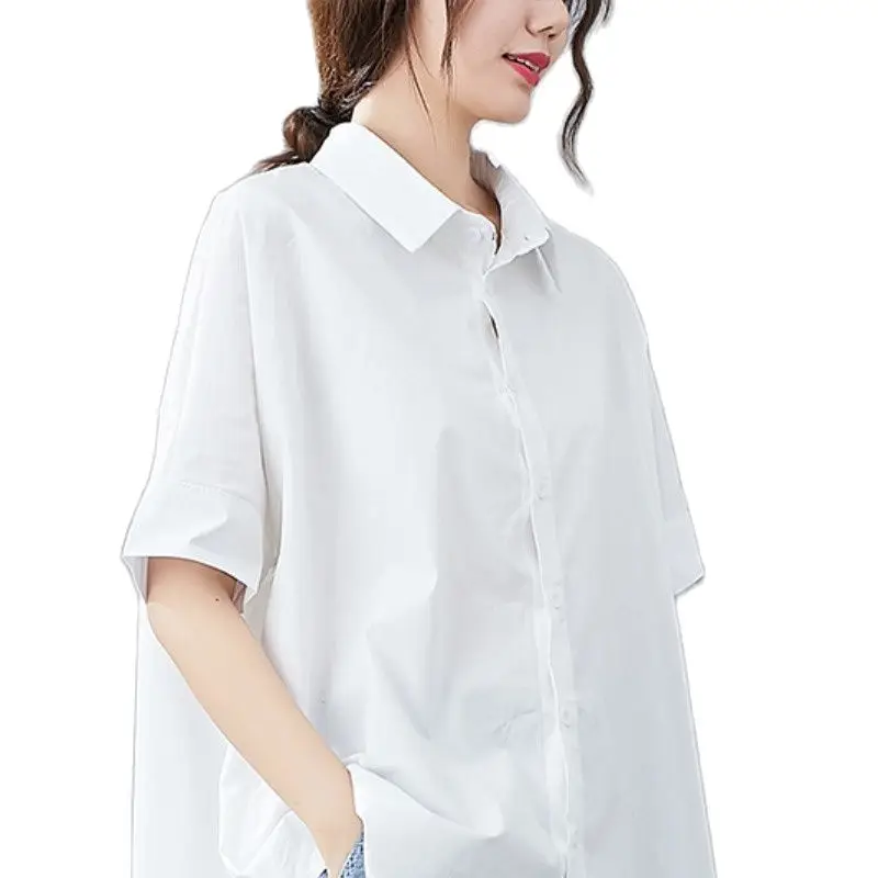 

Women's shirt Blouses traf Large size top shows thin cover belly loose women summer fat casual solid color art short sleeve 2021