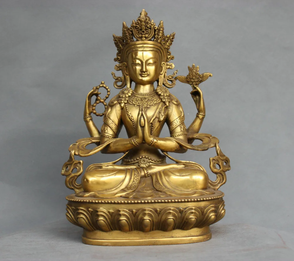 

12 ''китайский Тибетский Бронзовый 4 ARM Kwan-yin Chenrizg Buddha Металлическая статуэтка ручной работы