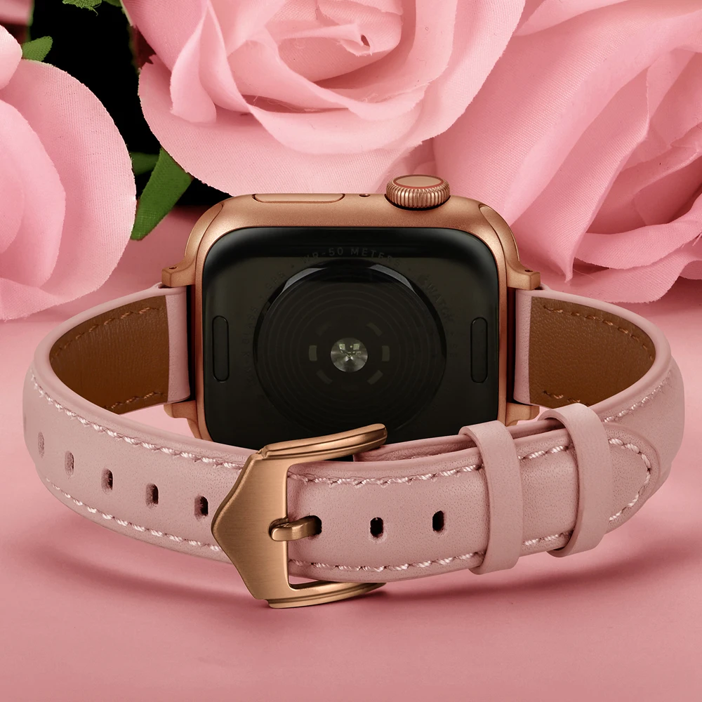 

Pink Watchbands for Apple Watch Series SE 6 5 40mm 38mm 44mm 42mm Band , Genuine Leather WatchStrap for IWatch 38 44 Mm