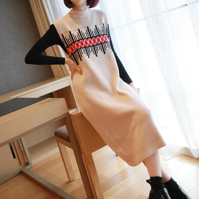 

Sleeveless knit dress temperament new autumn and winter 2019 women's half-long section of high-necked pullover vest