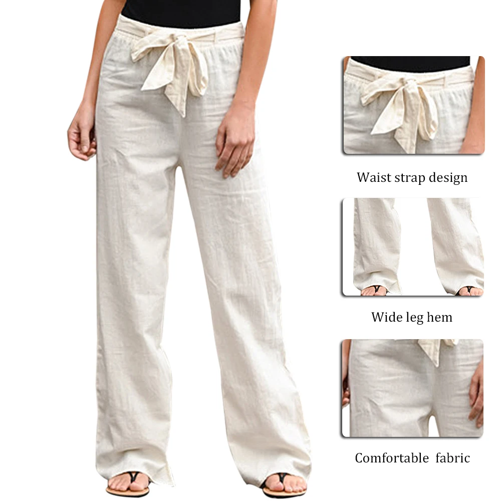

Pants Women Wide Leg Pants Solid Color Bow Sash High Waist Wide Leg Pants Women Cotton Linen Long Trousers Loose Pants