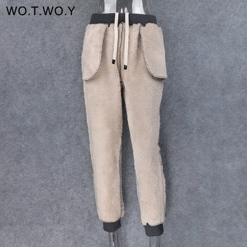 WOTWOY S 3XL толстые зимние штаны из овечьей шерсти Женские повседневные теплые брюки